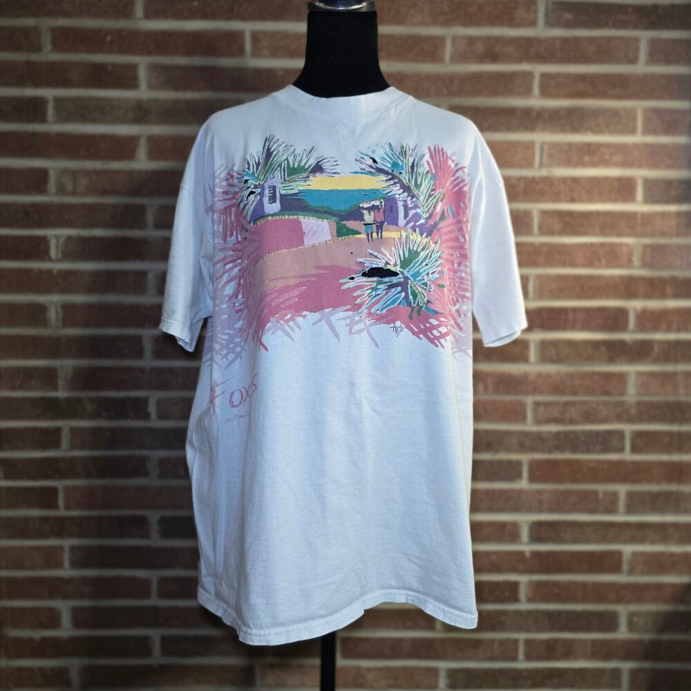 Vintage 90s Artex Tropical Beach Scene Graphic T-Shit Single Stitch Abstract Art